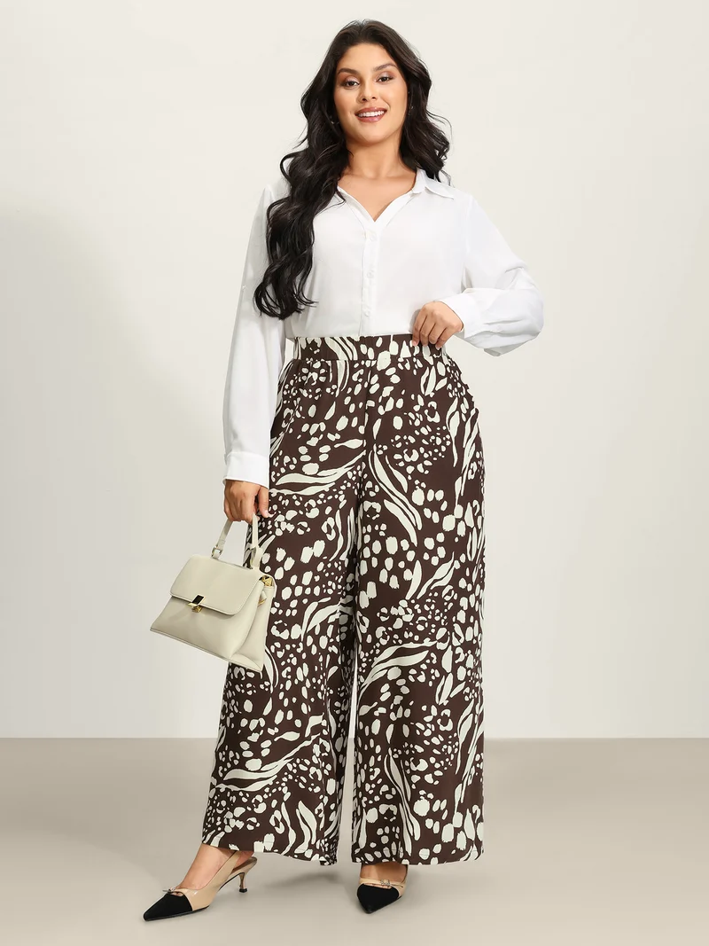 Leopard Print Elastic Waist Wide Leg Pants