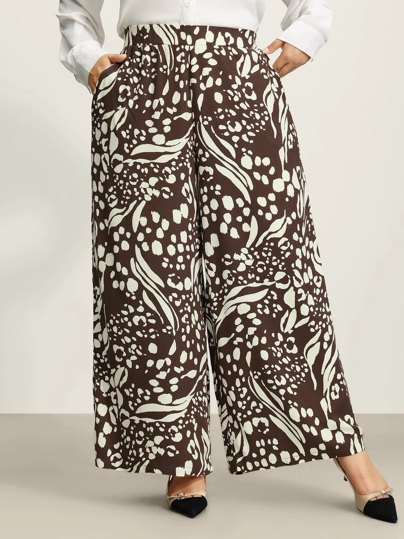 Leopard Print Elastic Waist Wide Leg Pants