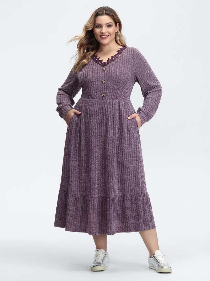 Stretchy Textured Lace Trim Midi Dress