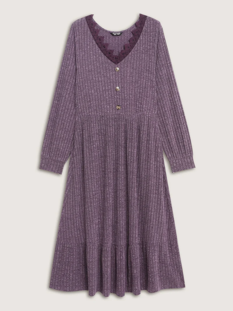 Stretchy Textured Lace Trim Midi Dress