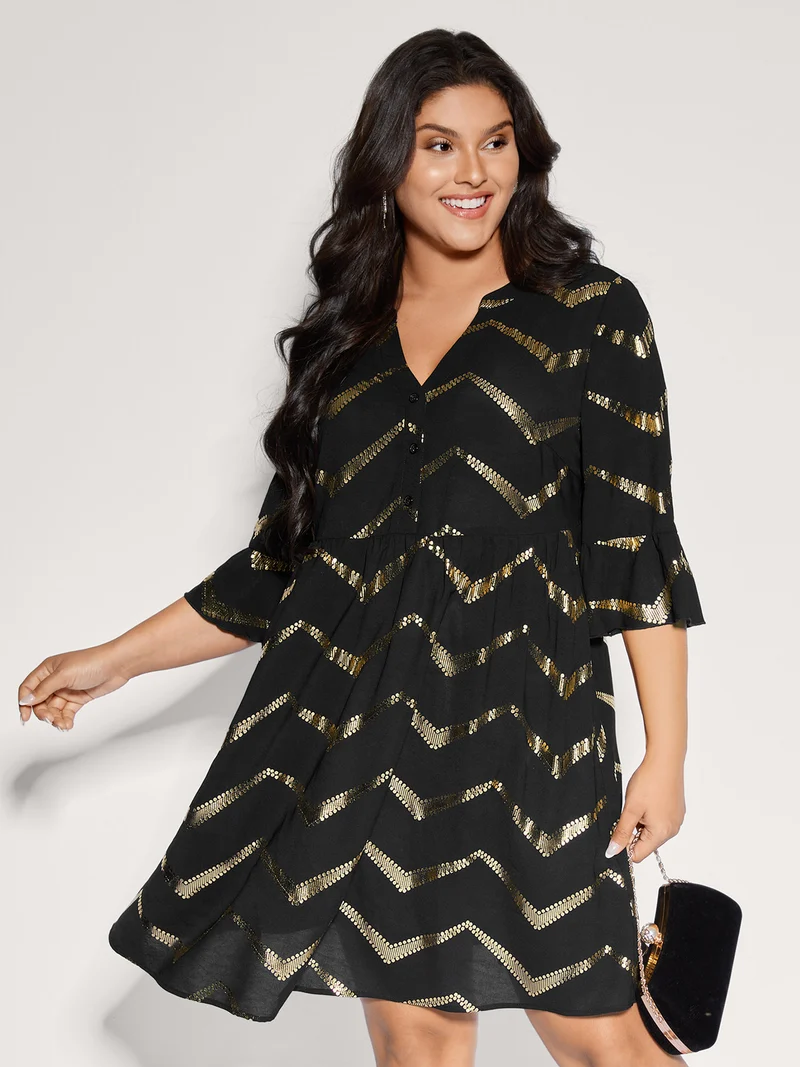 Gold Stamping Wavy Knee-Length Dress