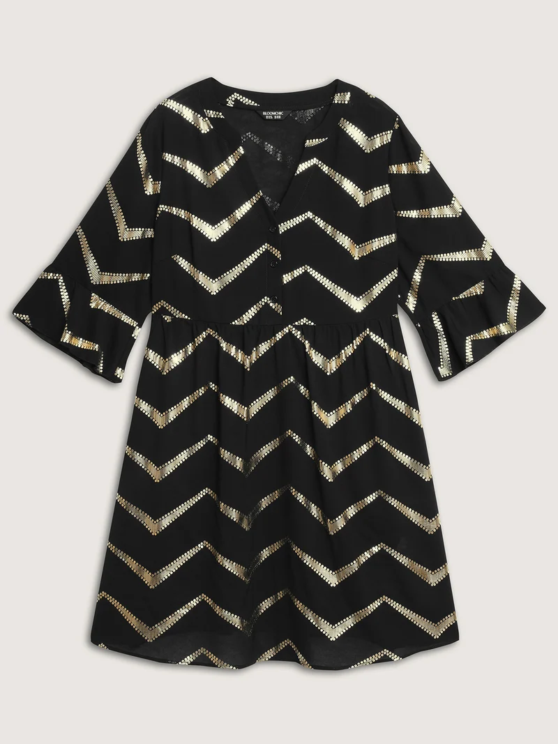 Gold Stamping Wavy Knee-Length Dress