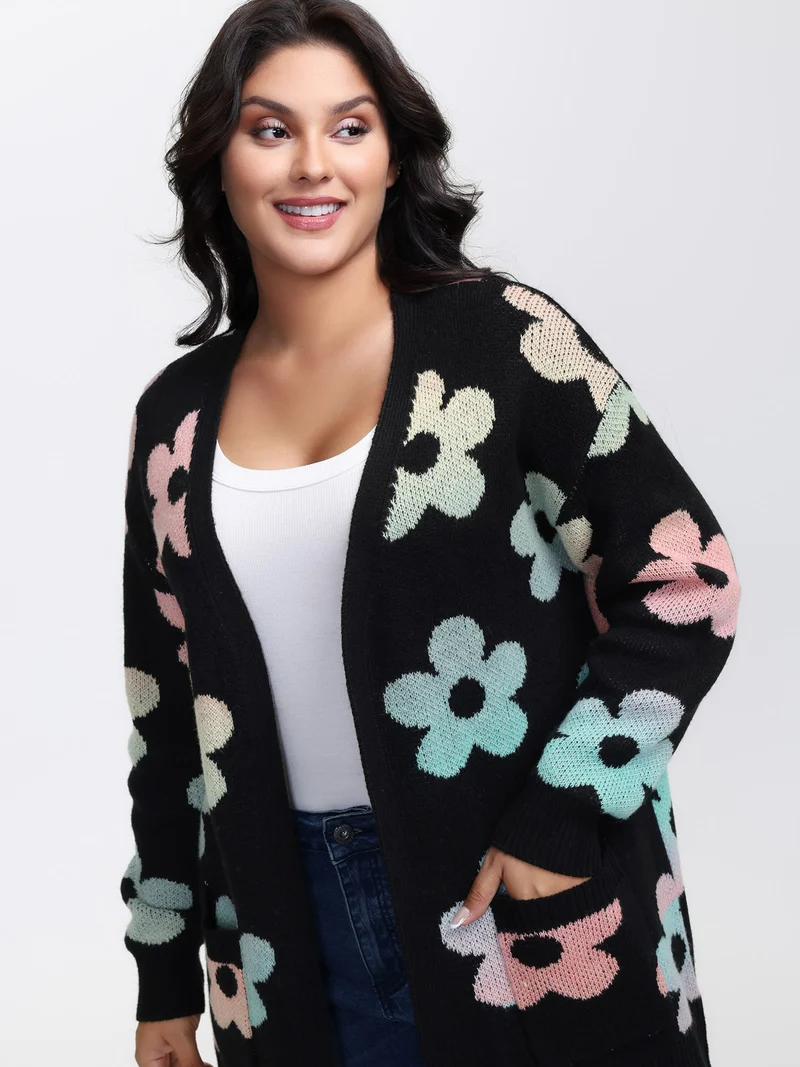 Floral Jacquard Print Color Gradient Knit Cardigan