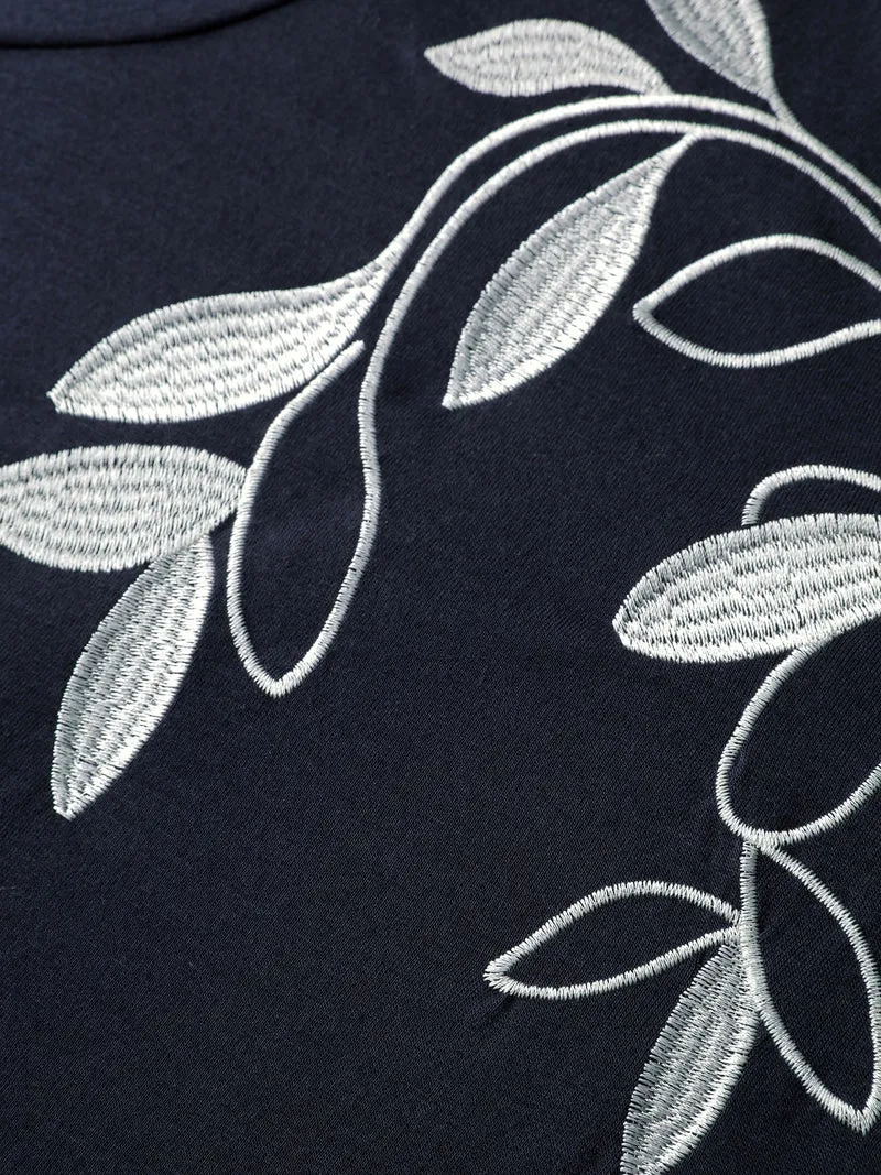 Leaf Embroidery Round Neck Split T-Shirt