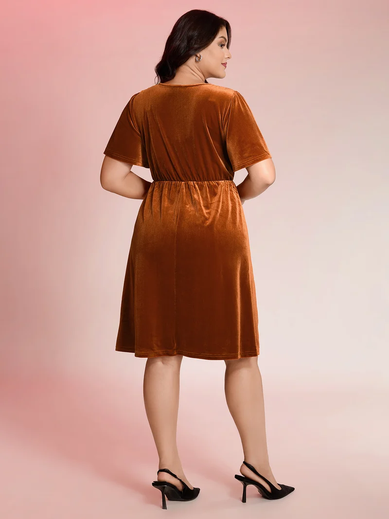 Velvet Button Pockets Flutter Sleeve Midi Dress