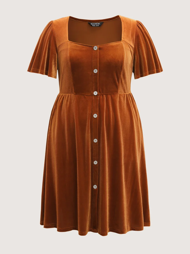 Velvet Button Pockets Flutter Sleeve Midi Dress