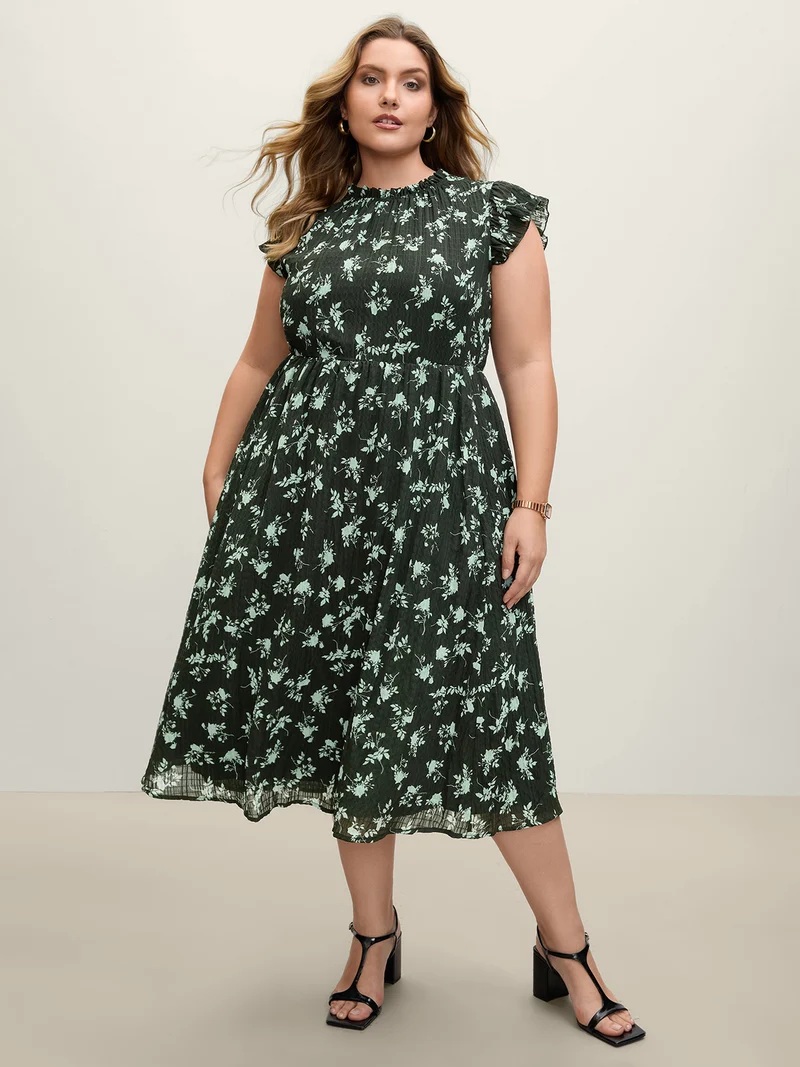 Textured Silhouette Flower Stretchy Collar Midi Dress