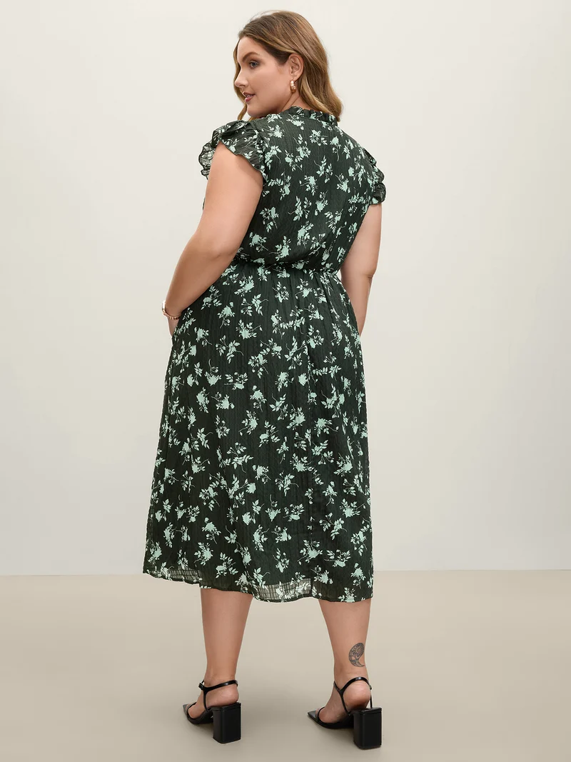 Textured Silhouette Flower Stretchy Collar Midi Dress