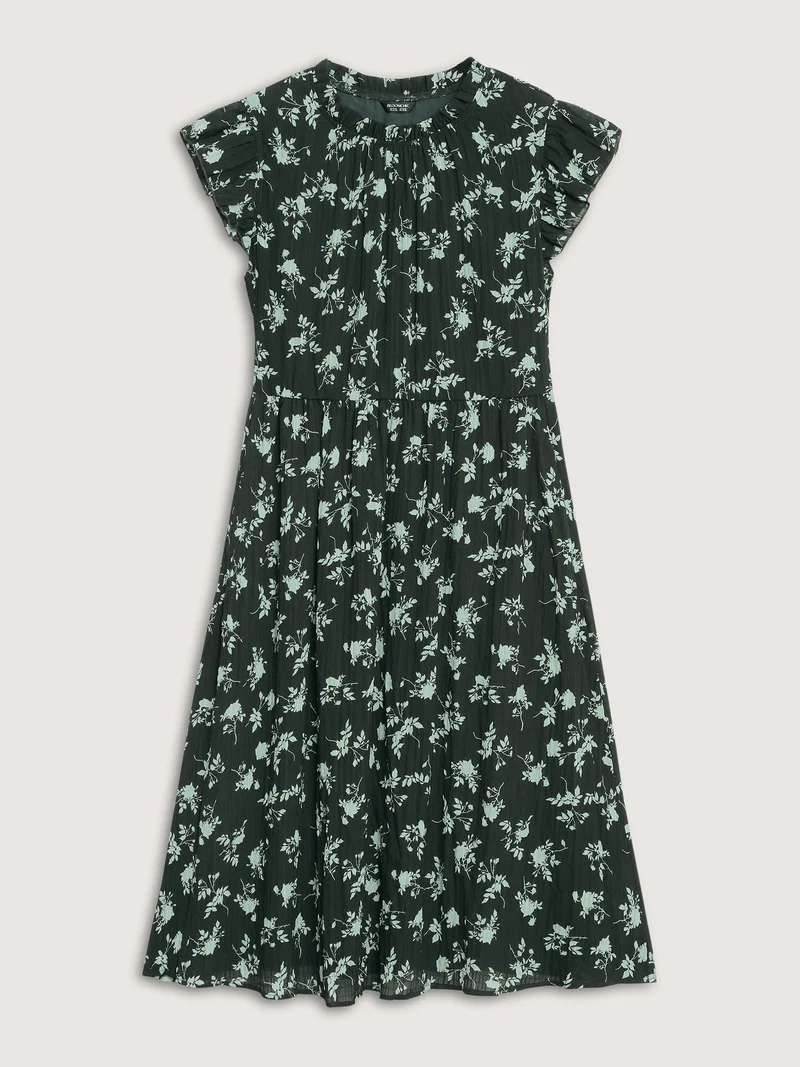 Textured Silhouette Flower Stretchy Collar Midi Dress