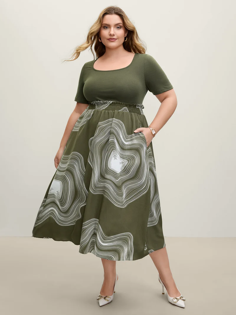 Abstract Print Contrast Shirred Waist Midi Dress