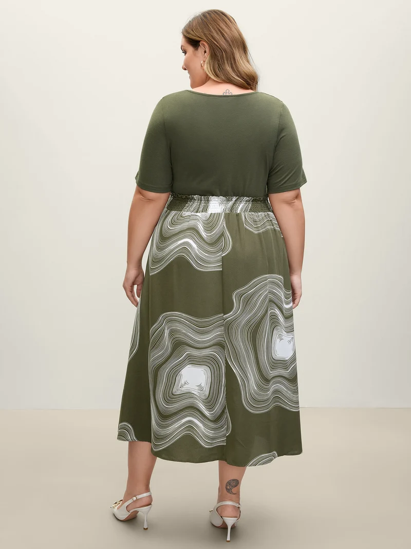 Abstract Print Contrast Shirred Waist Midi Dress