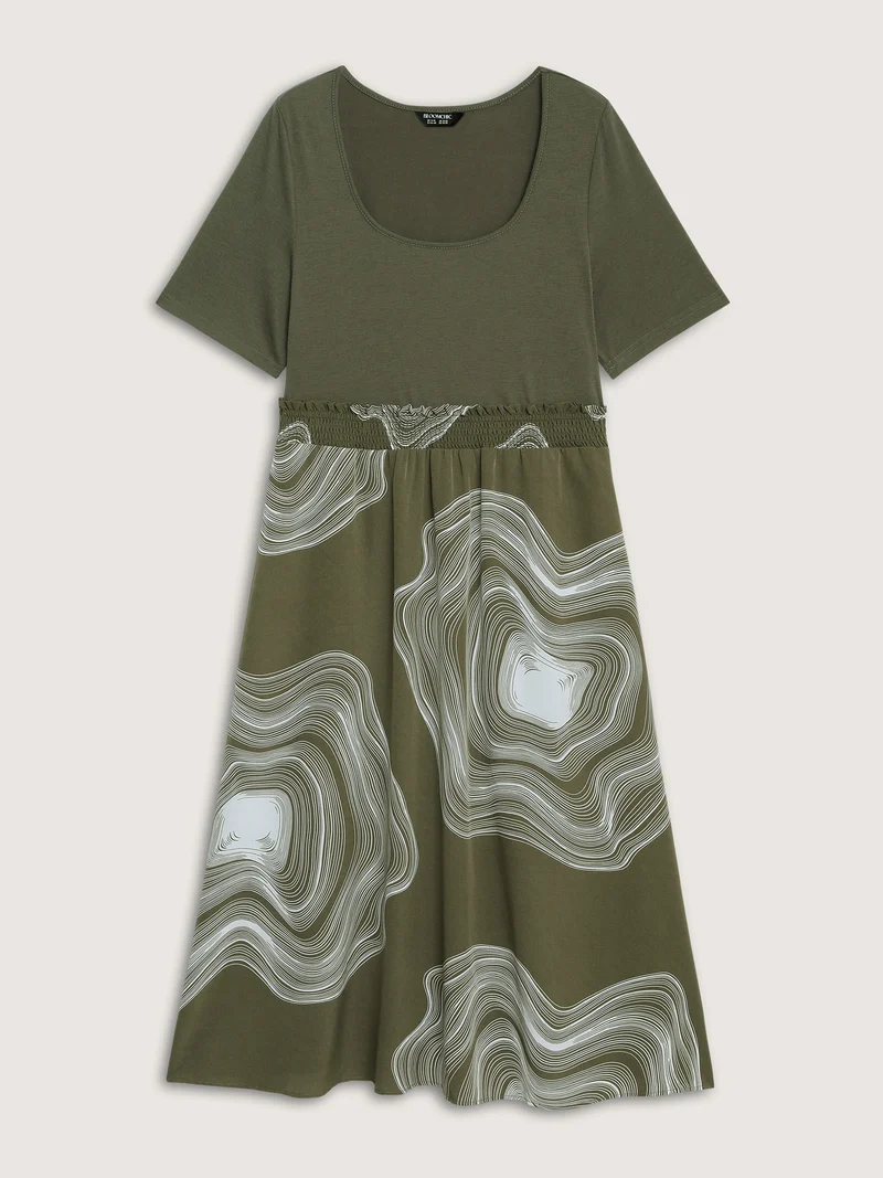Abstract Print Contrast Shirred Waist Midi Dress