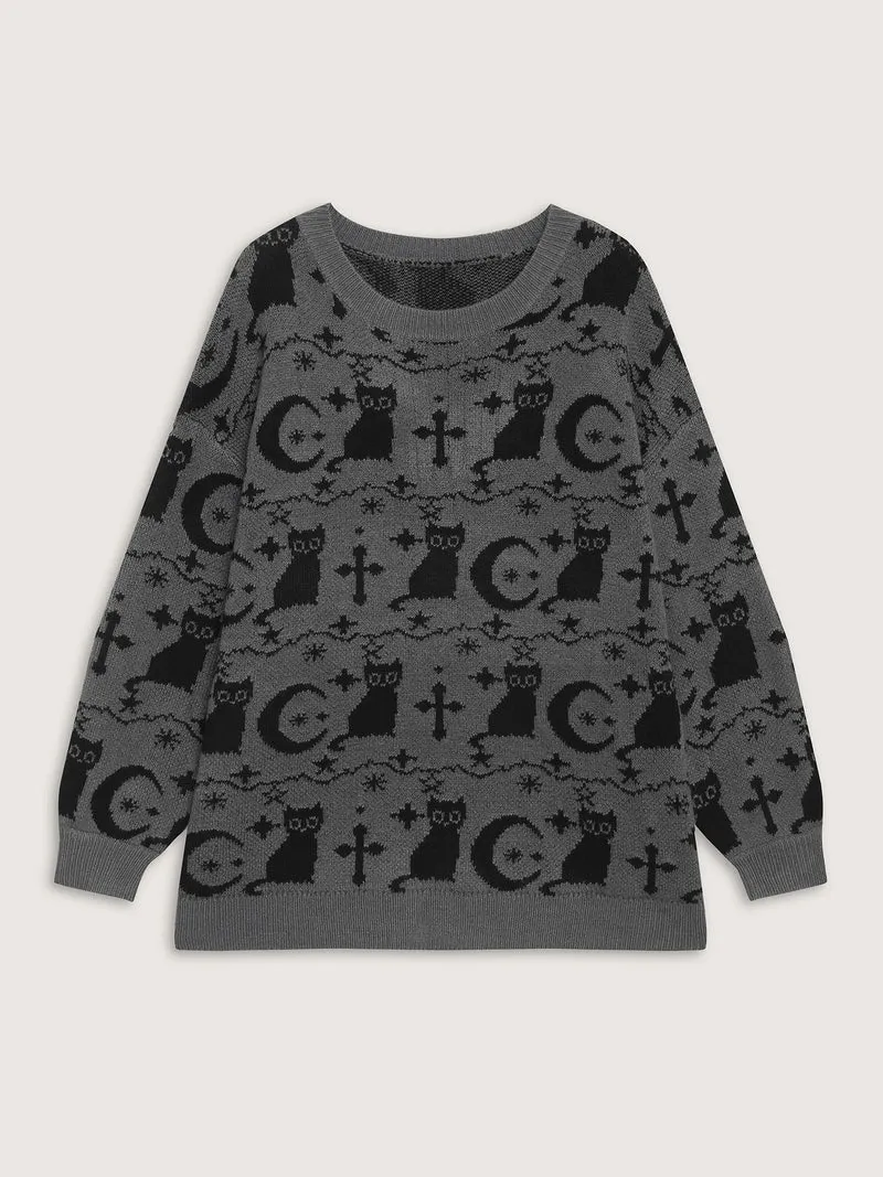 Spooky Cat Puffy Sleeve Pullover