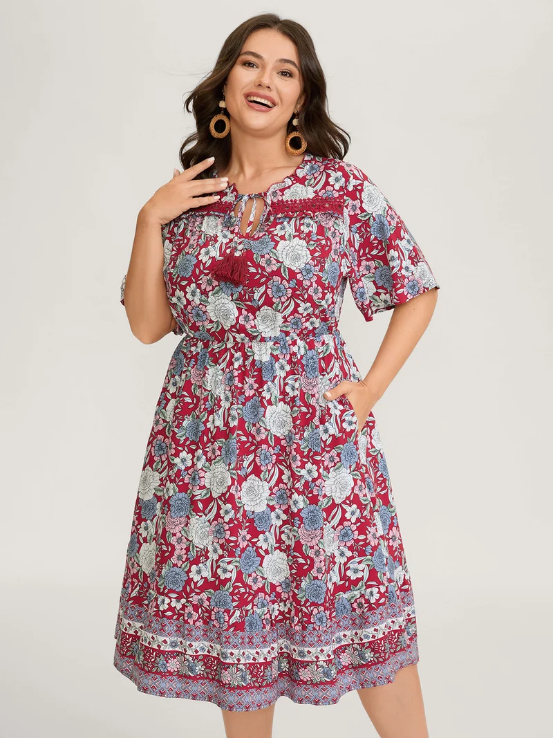 Floral Print Lace Trim Neck Tie Midi Dress