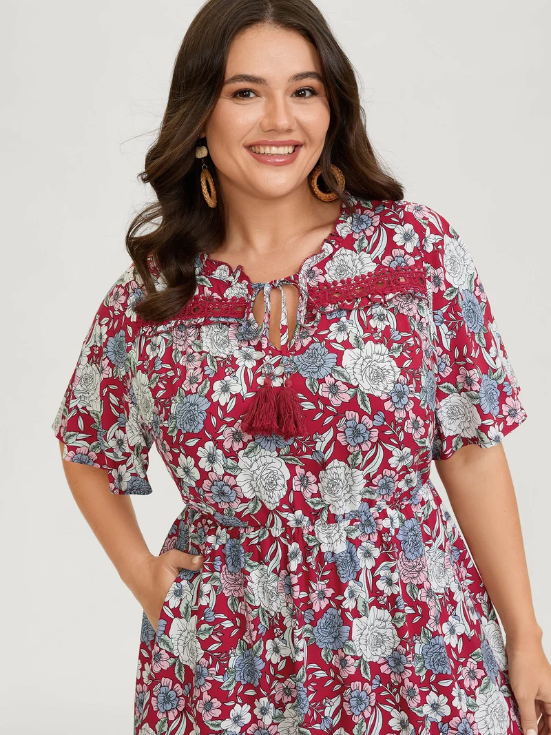 Floral Print Lace Trim Neck Tie Midi Dress