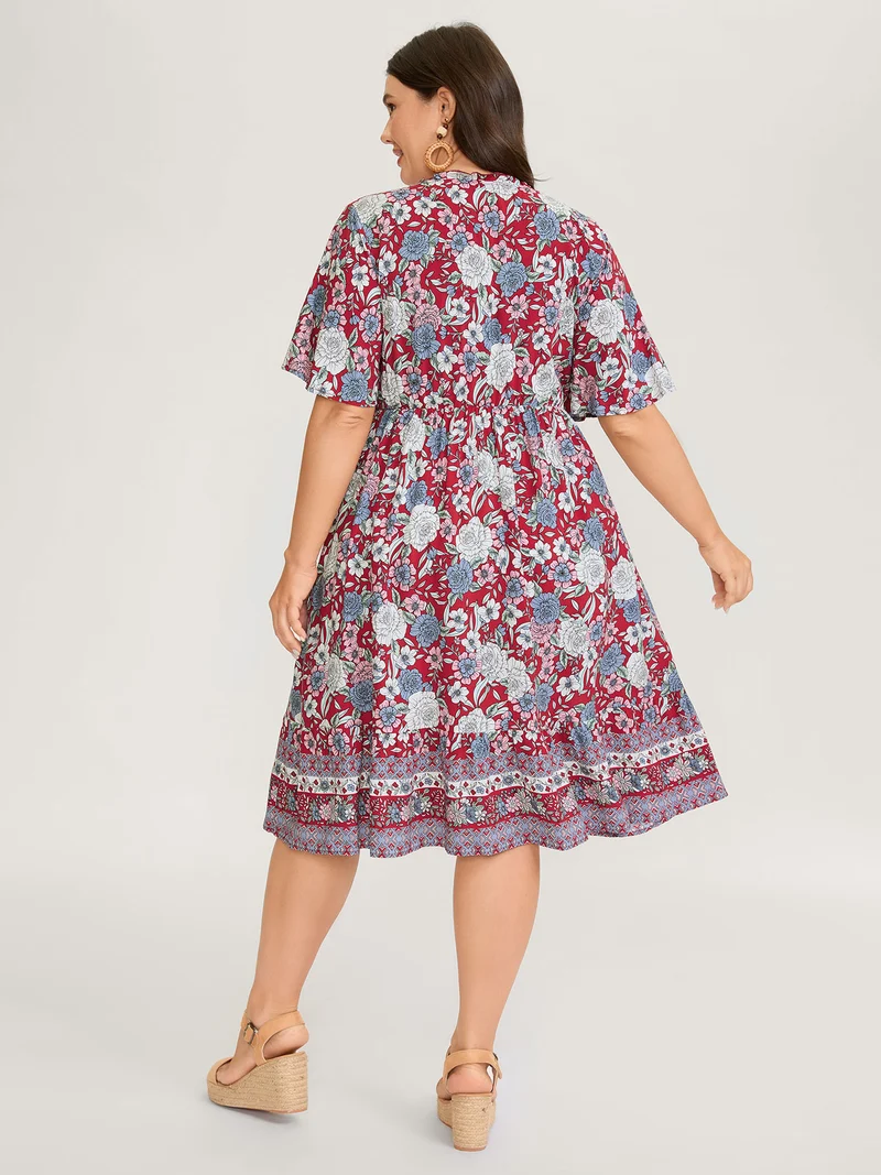 Floral Print Lace Trim Neck Tie Midi Dress