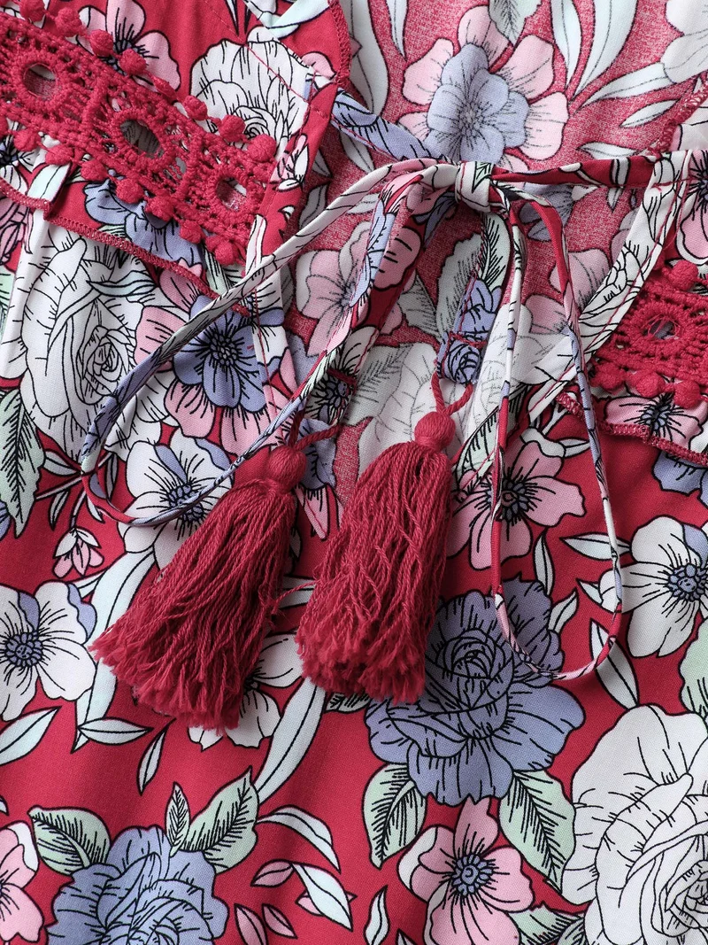 Floral Print Lace Trim Neck Tie Midi Dress