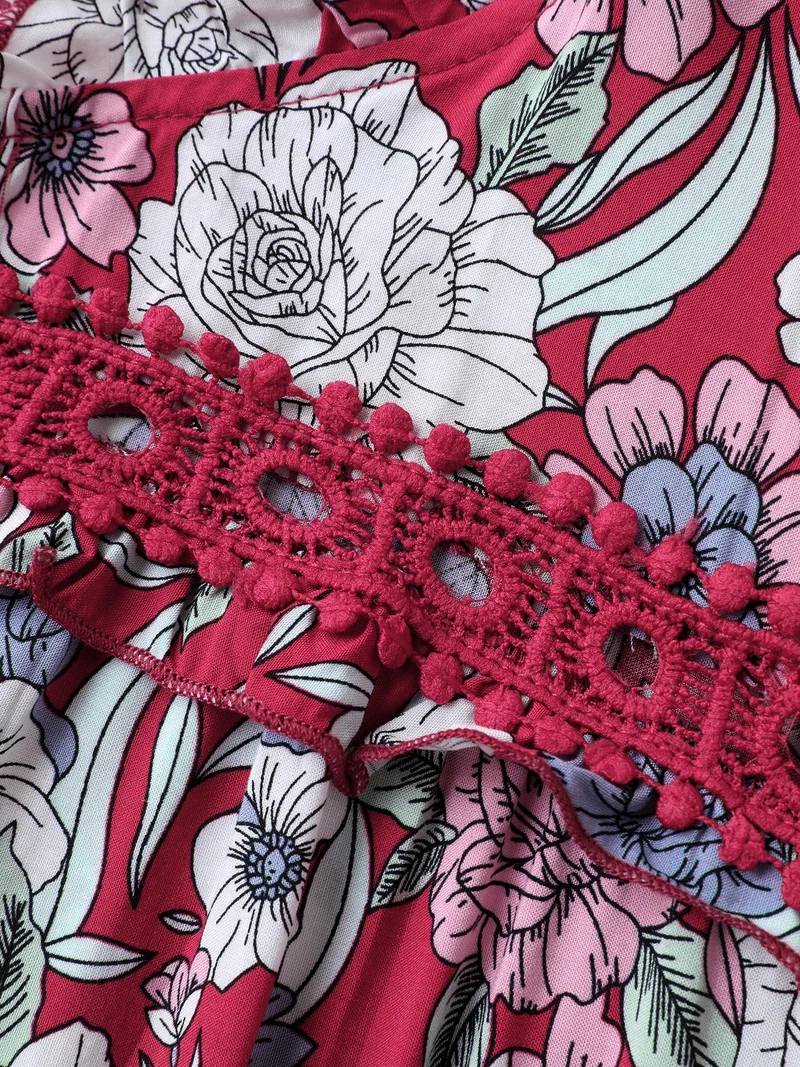 Floral Print Lace Trim Neck Tie Midi Dress