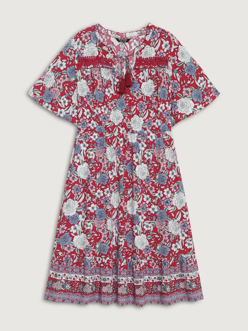 Floral Print Lace Trim Neck Tie Midi Dress