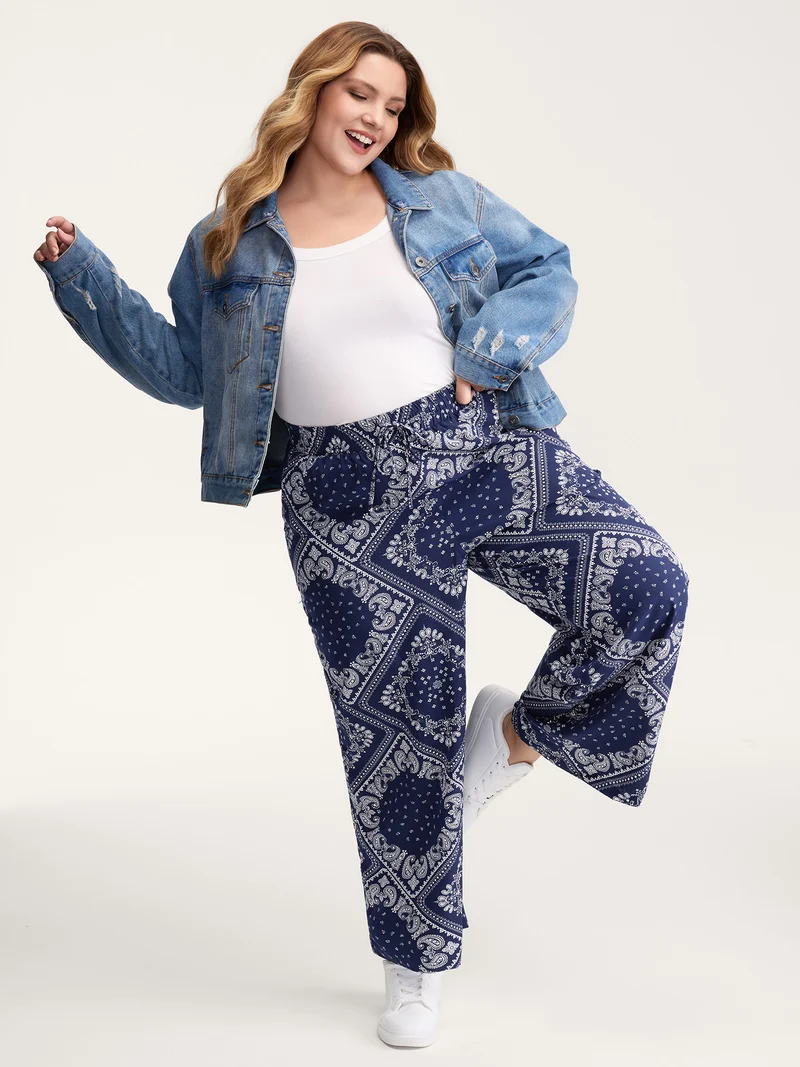 Collage Scarf Pattern Straight-Leg Pants