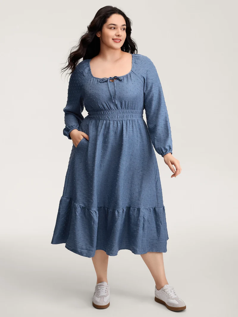 Textured Shirred Waist Neck-Tie Maxi Dress