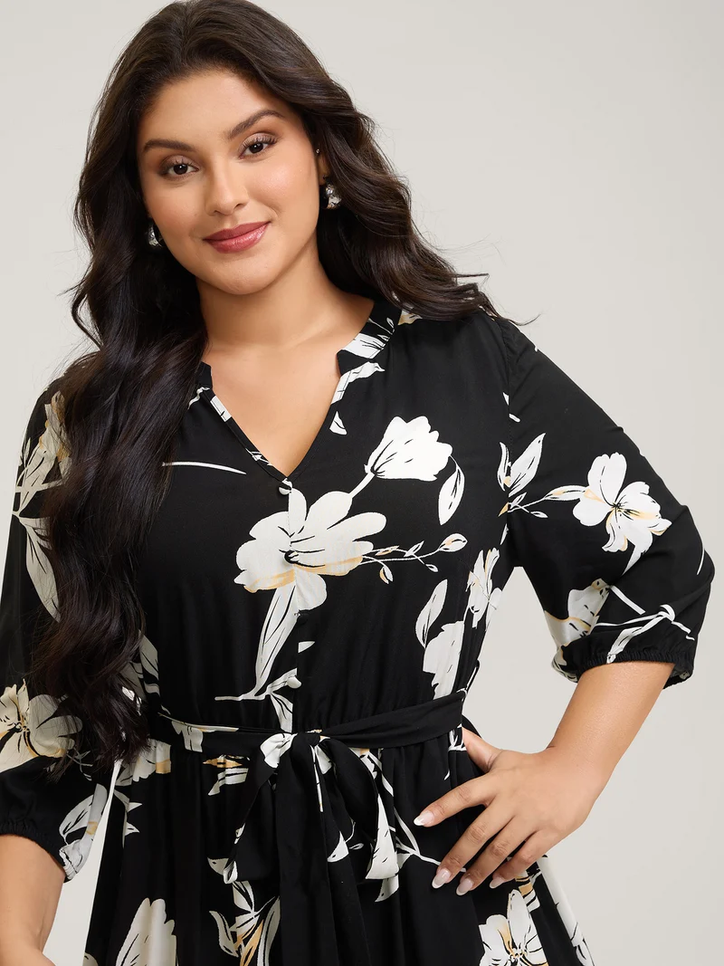 Floral Contrast Polka Dots Midi Dress