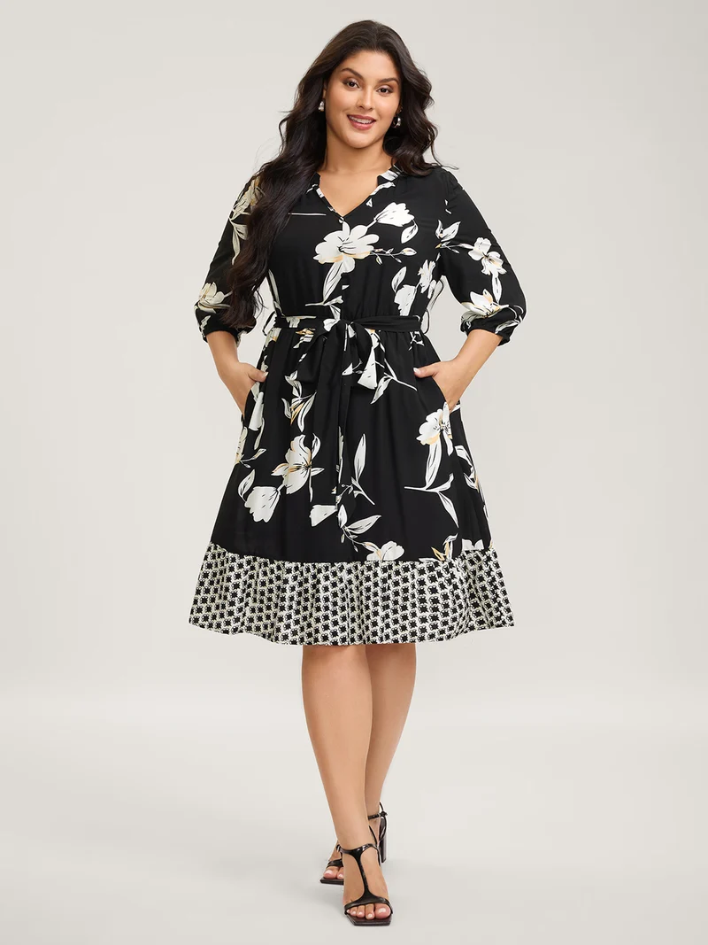 Floral Contrast Polka Dots Midi Dress