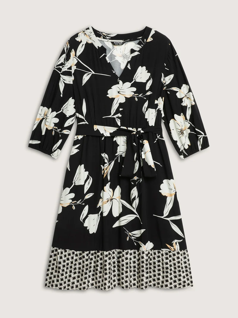 Floral Contrast Polka Dots Midi Dress