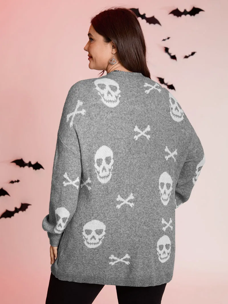 Supersoft Skull Pattern Open-Front Knit Cardigan