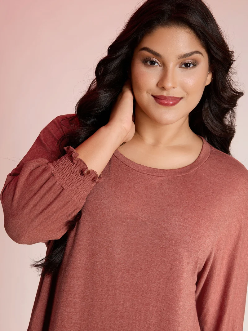 Shirred Cuff Sleeve Round Neck T-Shirt