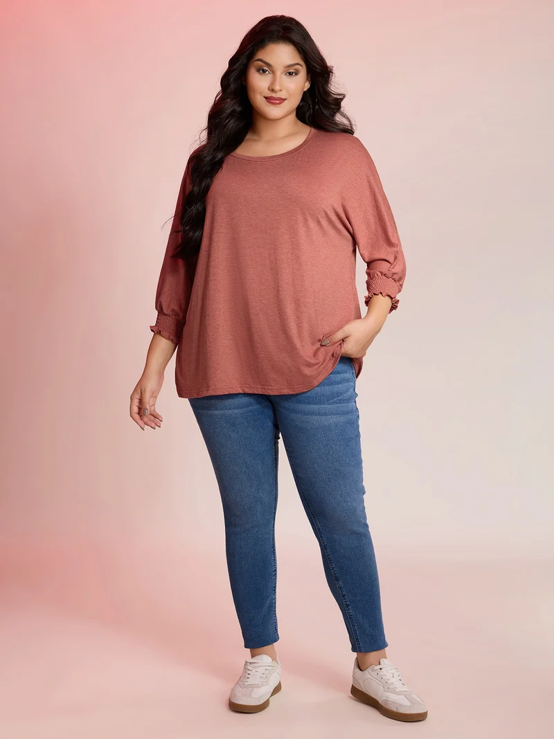 Shirred Cuff Sleeve Round Neck T-Shirt