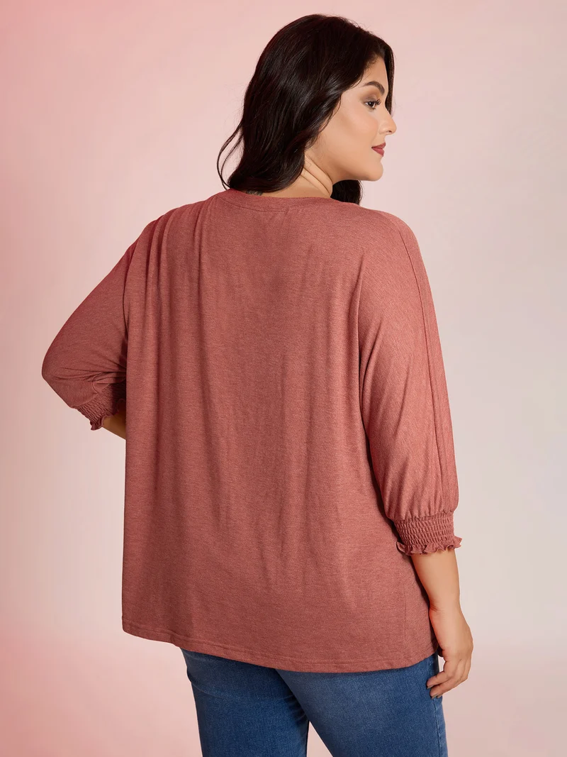 Shirred Cuff Sleeve Round Neck T-Shirt