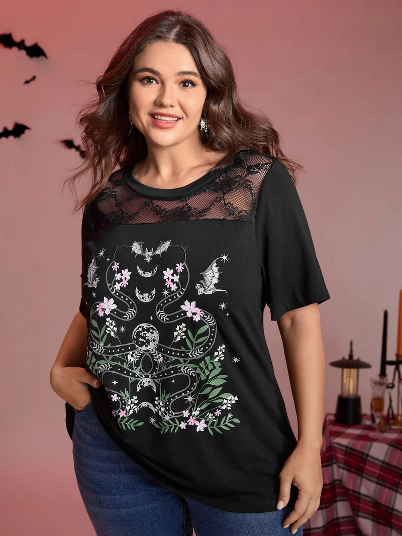 Midnight Garden Sheer Lace Trim T-Shirt
