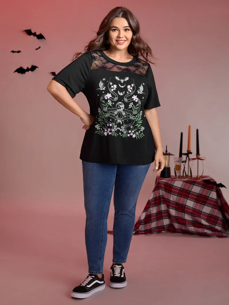 Midnight Garden Sheer Lace Trim T-Shirt
