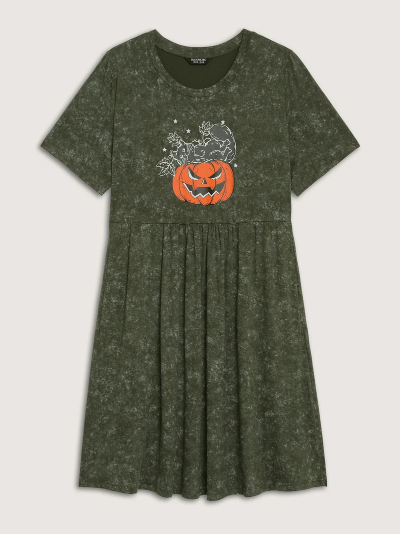Spooky Pumpkin Motif Snowflake Effect Midi Dress