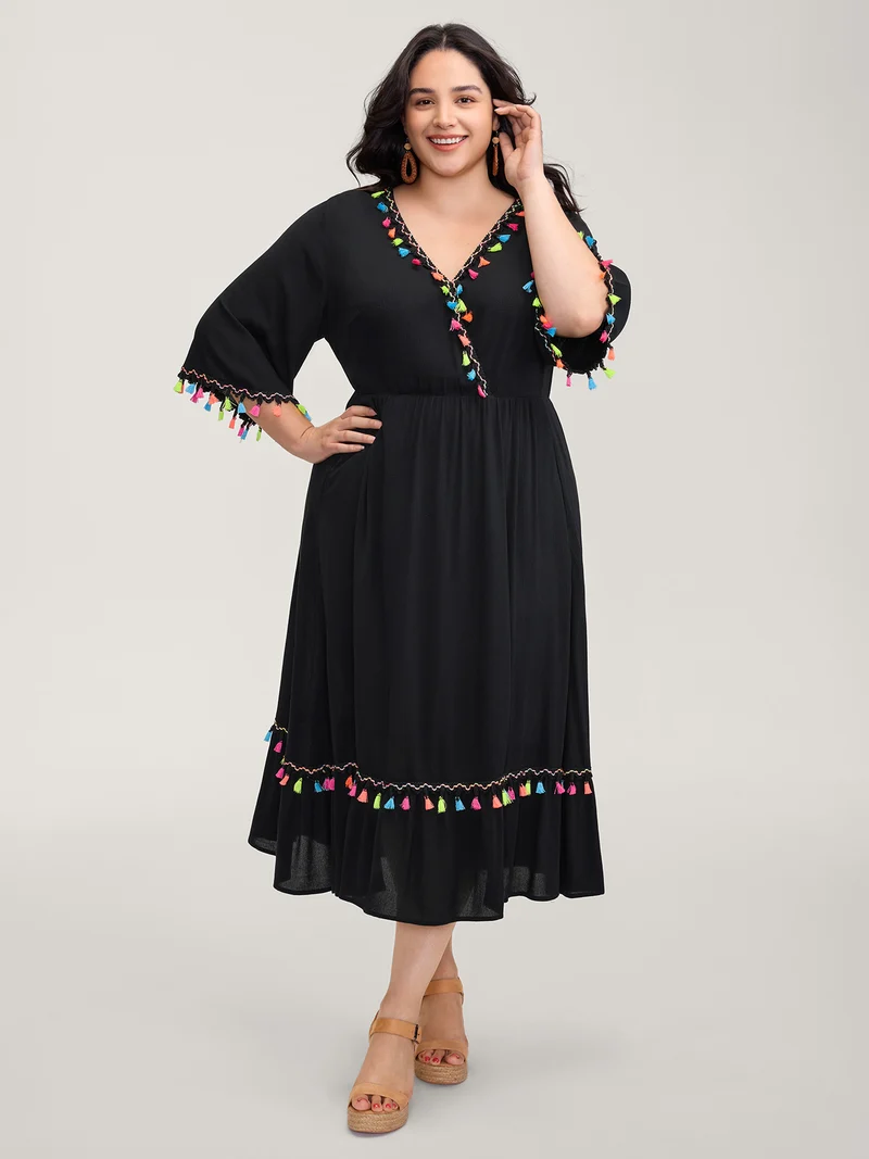 Floral Stretchy Embroidery Tassels Maxi Dress