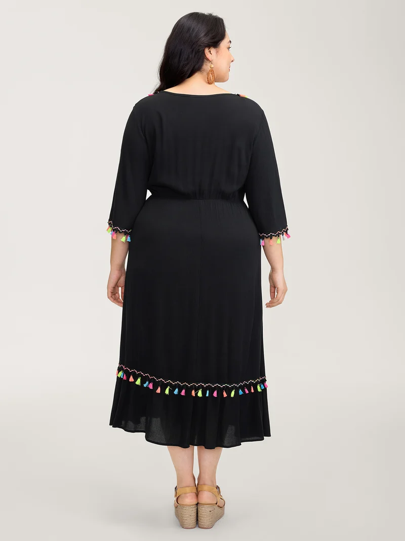 Floral Stretchy Embroidery Tassels Maxi Dress