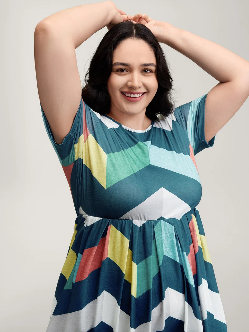 Colorful Wavy Stripes Cinched-Flared Midi Dress