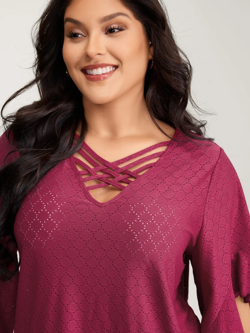 Ruffled Sleeve Textured Cut-Out Neck T-Shirt