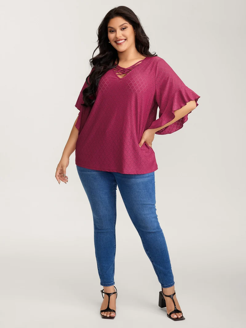 Ruffled Sleeve Textured Cut-Out Neck T-Shirt