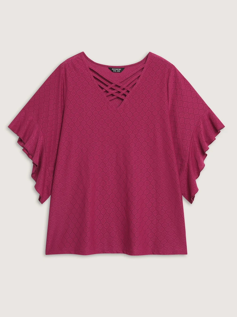 Ruffled Sleeve Textured Cut-Out Neck T-Shirt