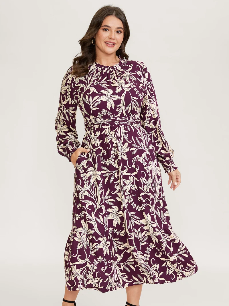 Supersoft Floral Print Toothpick Pleats Shirred Midi Dress