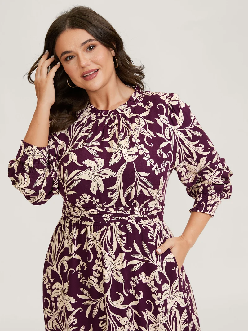 Supersoft Floral Print Toothpick Pleats Shirred Midi Dress