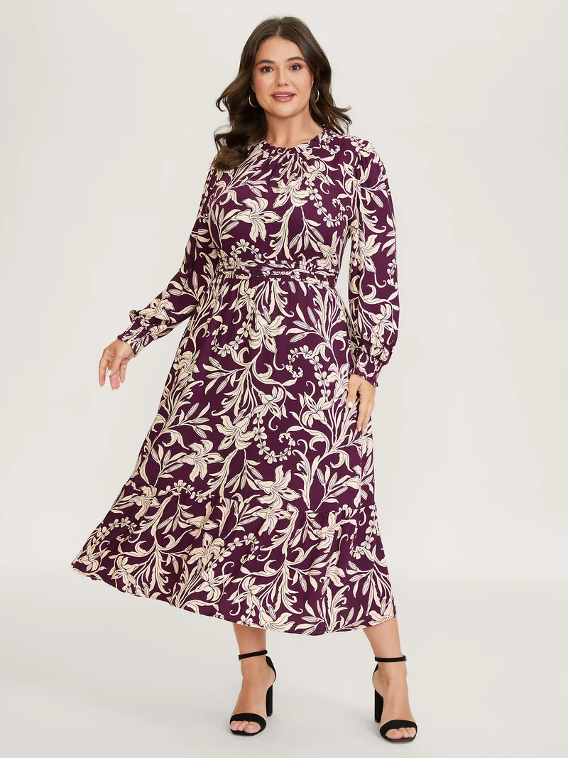Supersoft Floral Print Toothpick Pleats Shirred Midi Dress