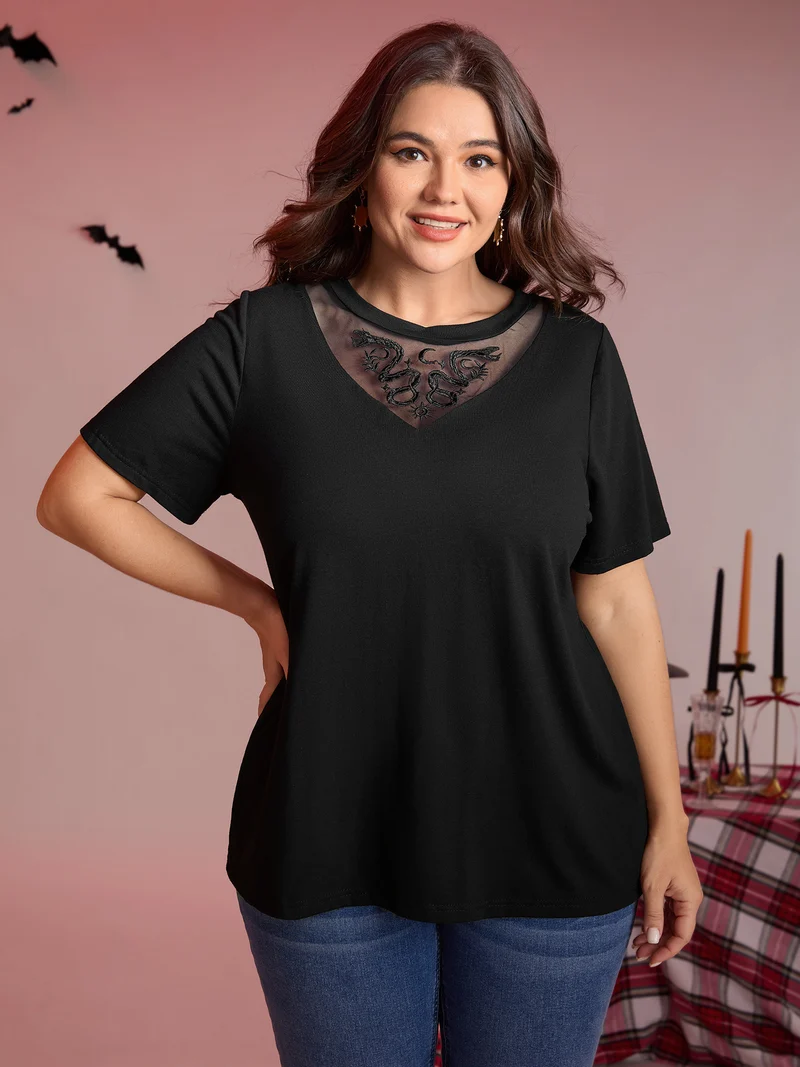 Stretch Embroidered Neckline Sheer T-Shirt