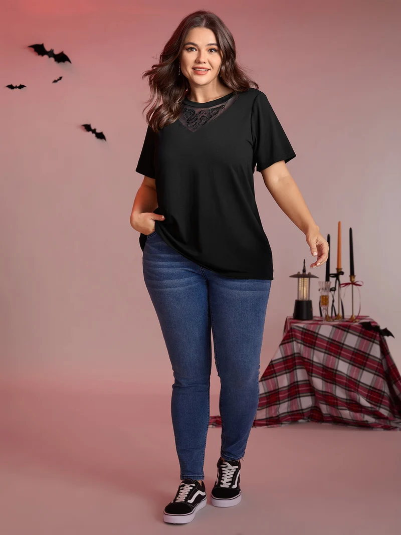 Stretch Embroidered Neckline Sheer T-Shirt