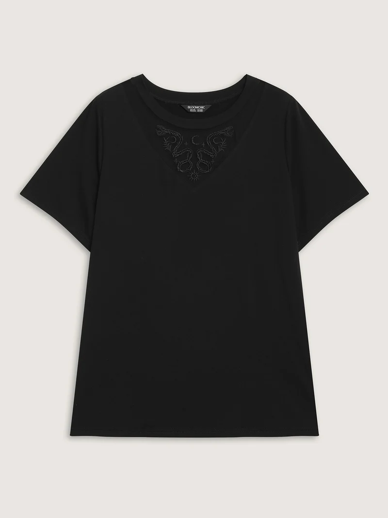 Stretch Embroidered Neckline Sheer T-Shirt