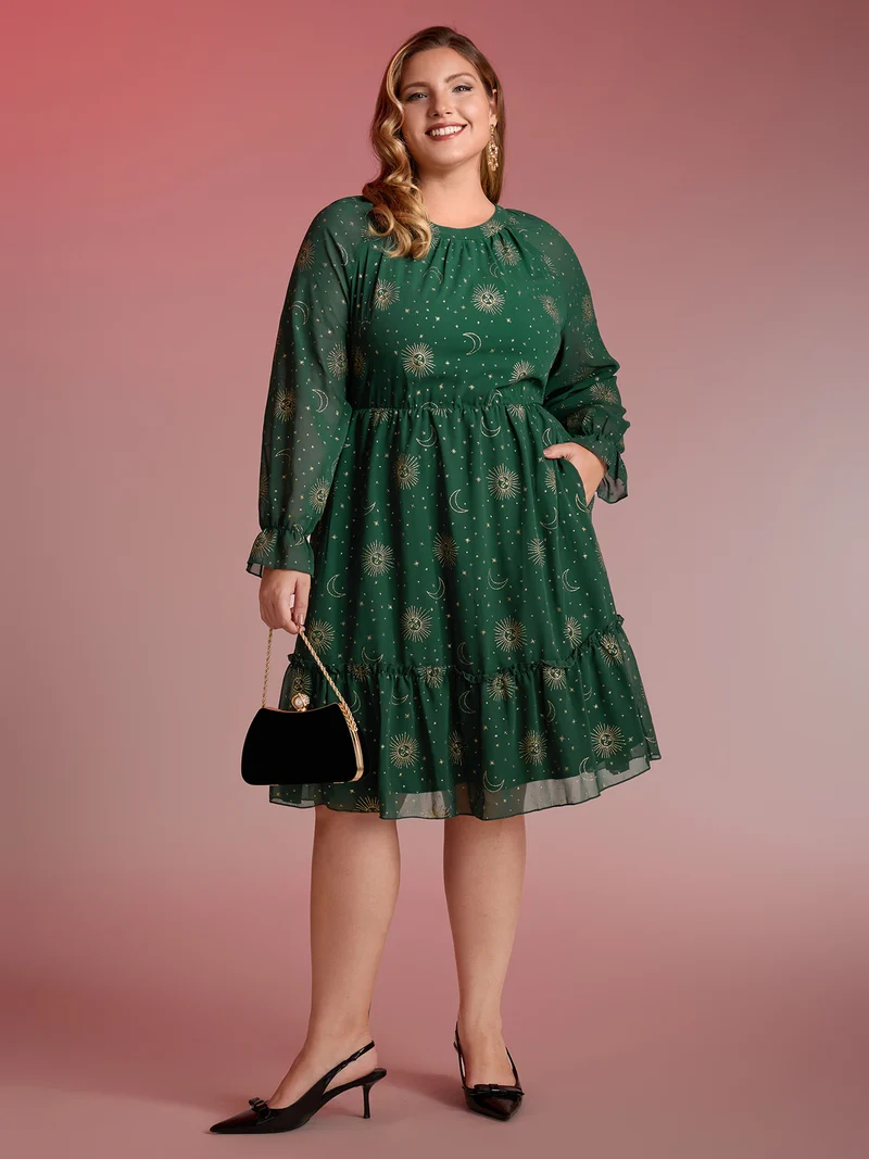 Chiffon Gold Celestial Print Tiered Midi Dress