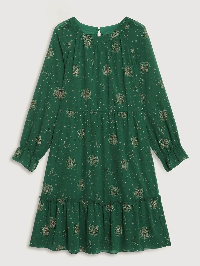 Chiffon Gold Celestial Print Tiered Midi Dress