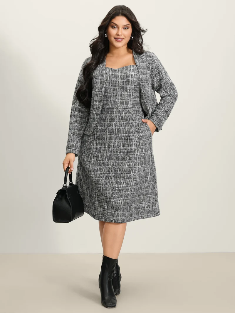 Tweed Sweetheart Neck Cinched-Waist Midi Dress